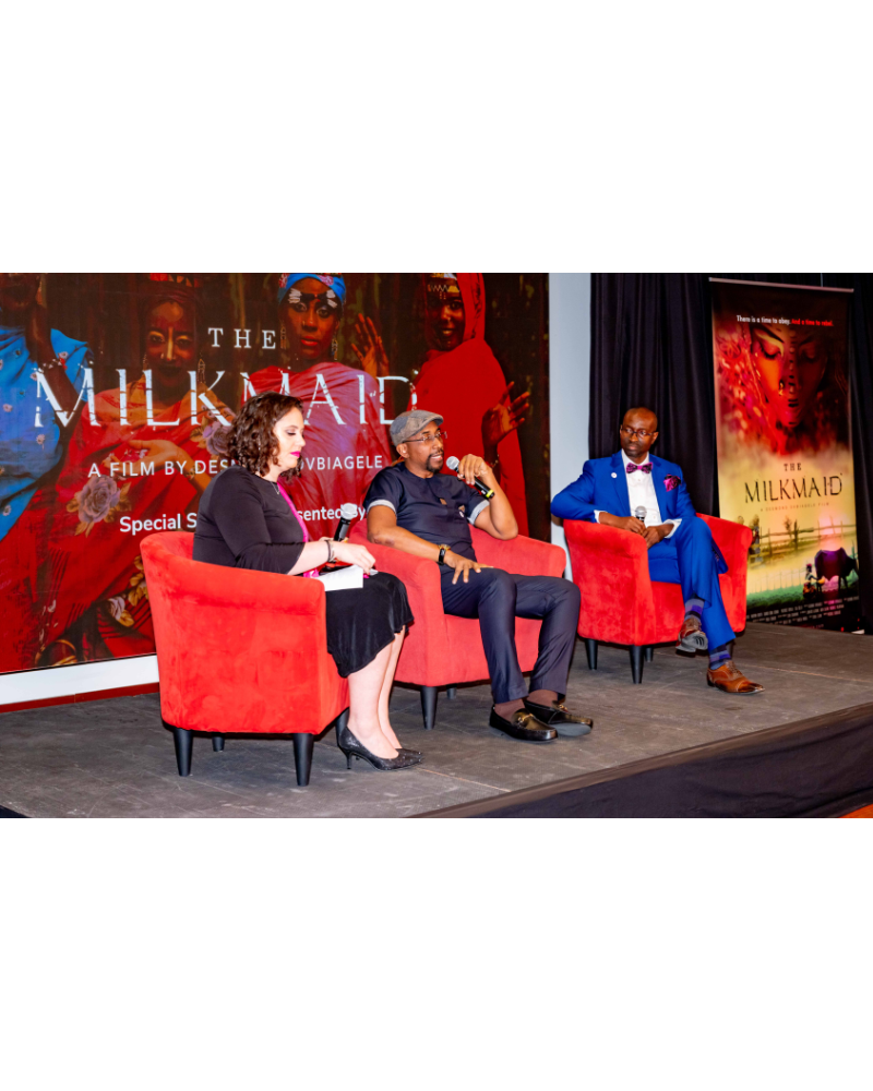 Desmond Ovbiagele at Q&A of the special screening of The Milkmaid at the United Nations in New York, with Executive Producer, Dr. Seun Sowemimo, and moderator, Liz Grossman of Baobab Consulting