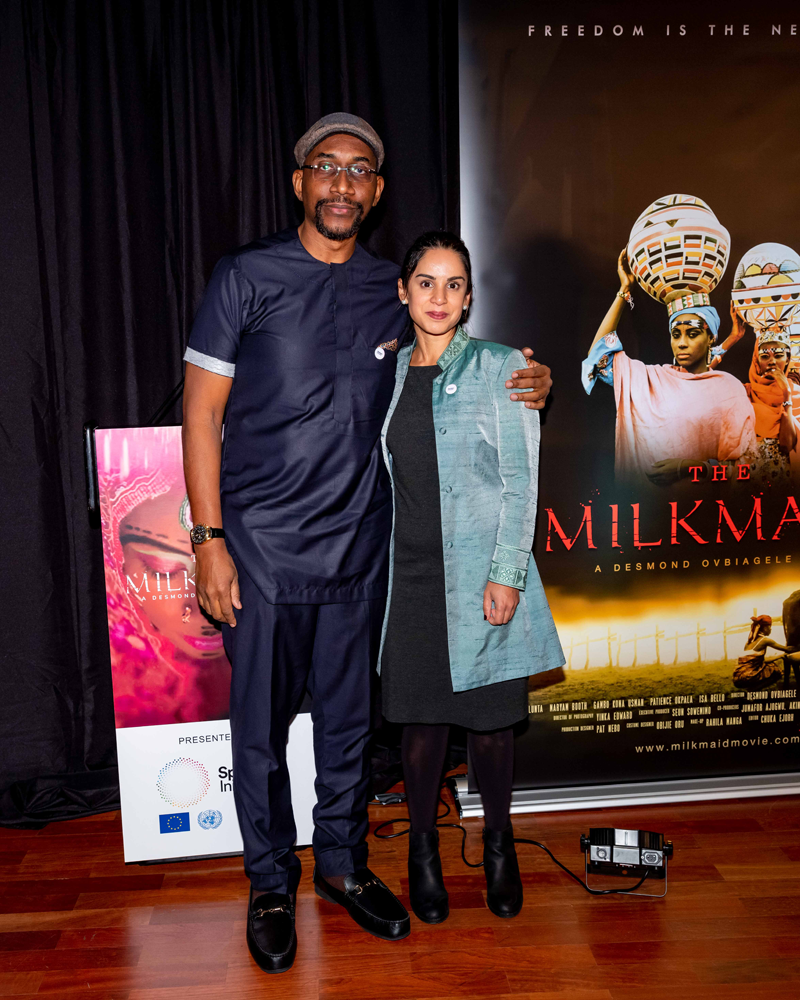 Desmond Ovbiagele with Deputy Chief of UN Women’s Peace and Security Section, Nahla Valji, at a special screening of The Milkmaid at the United Nations in New York