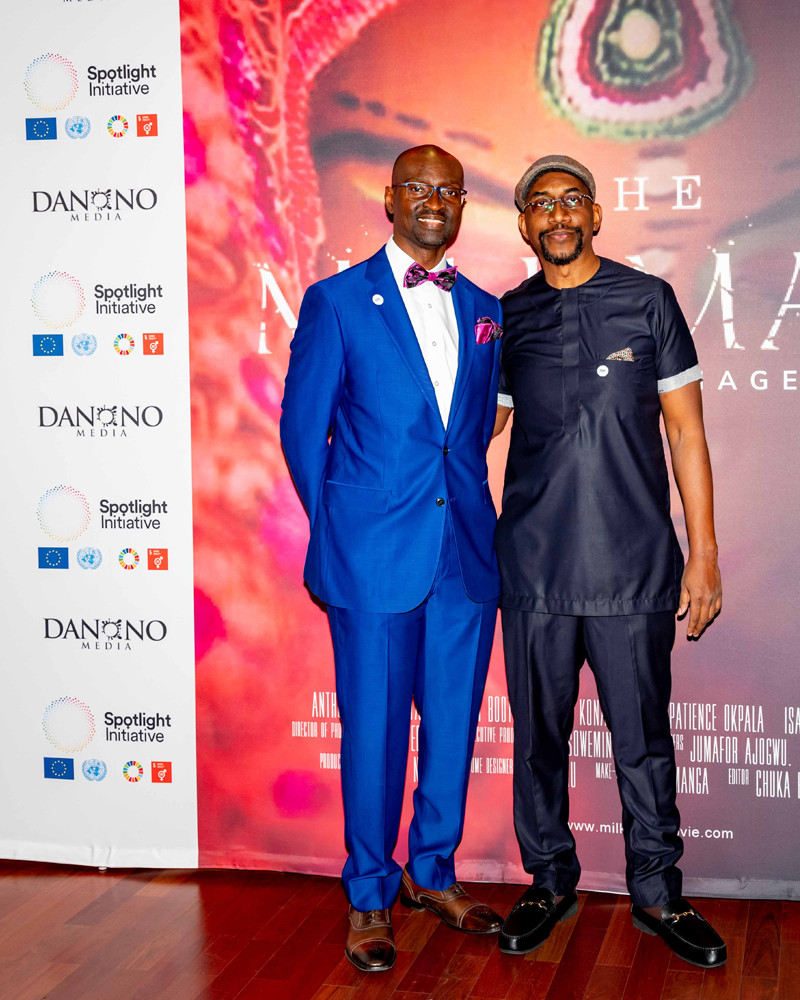-Desmond Ovbiagele with Executive Producer, Dr. Seun Sowemimo and event ushers at the special screening of The Milkmaid at the United Nations in New York
